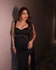 Alluring Neha Malik Cleavage in a Black Sweetheart Slit Gown Photos 10
