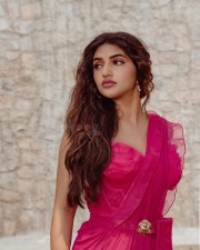 Alluring Sreeleela in a Pink Flared Saree with a Single Strap Blouse and Golden Belt Photos 01