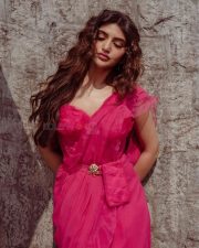 Alluring Sreeleela in a Pink Flared Saree with a Single Strap Blouse and Golden Belt Photos 02