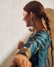 American Born Tollywood Actress Sreeleela in a Teal Blue Traditional Lehenga with Golden Embroidery Photos 07