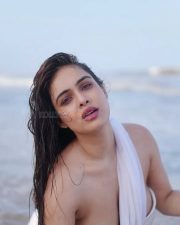 Bold Neha Malik in a White Saree at the Beach Pictures 01