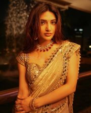 Breathtaking Sreeleela in a Golden Beige Mirror Work Saree with Matching Blouse Photos 03