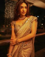 Breathtaking Sreeleela in a Golden Beige Mirror Work Saree with Matching Blouse Photos 04