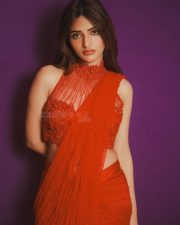 Dazzling Actress Sreeleela in a Red Embellished Sheer Saree Photos 03