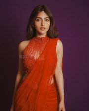 Dazzling Actress Sreeleela in a Red Embellished Sheer Saree Photos 05