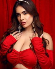 Desirable Model Neha Malik Busty Cleavage in an Off Shoulder Long Sleeved Ruched Red Crop Top and Red Mini Skirt Photos 01