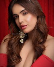 Desirable Model Neha Malik Busty Cleavage in an Off Shoulder Long Sleeved Ruched Red Crop Top and Red Mini Skirt Photos 03