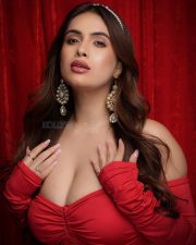 Desirable Model Neha Malik Busty Cleavage in an Off Shoulder Long Sleeved Ruched Red Crop Top and Red Mini Skirt Photos 05
