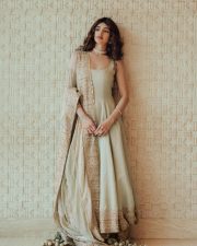 Desirable Telugu Actress Sreeleela in a Sage Green Sleeveless Anarkali Kurta with a Two Tone Chanderi Silk Dupatta Stills 03