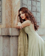 Desirable Telugu Actress Sreeleela in a Sage Green Sleeveless Anarkali Kurta with a Two Tone Chanderi Silk Dupatta Stills 04