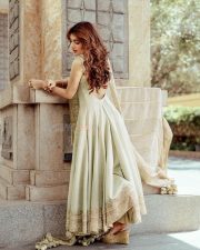 Desirable Telugu Actress Sreeleela in a Sage Green Sleeveless Anarkali Kurta with a Two Tone Chanderi Silk Dupatta Stills 05