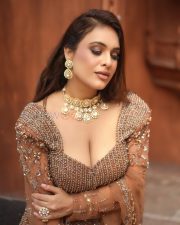 Glamorous Actress Neha Malik in a Bronze Embellished Lehenga With Sheer Sleeves Photos 02