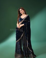 Gorgeous Telugu Actress Sreeleela in a Navy Blue Velvet Saree with Embroidered Sharara Pants Photos 01