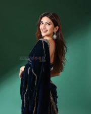 Gorgeous Telugu Actress Sreeleela in a Navy Blue Velvet Saree with Embroidered Sharara Pants Photos 05