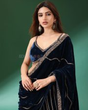 Gorgeous Telugu Actress Sreeleela in a Navy Blue Velvet Saree with Embroidered Sharara Pants Photos 06