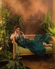 Mesmerizing Actress Sreeleela in a Teal Embroidered Silk Saree Photos 06