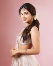 Parasakthi Heroine Sreeleela in a Beige Lehenga with a Spaghetti Strap Crop Top and Flared Skirt Photos 04