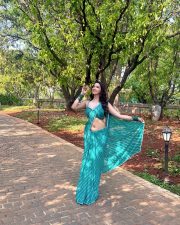 Radiant Actress Eshaanya Maheshwari in a Teal Striped Saree Photos 08 Radiant Actress Eshaanya Maheshwari in a Teal Striped Saree Photos 08