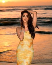 Radiant Actress Eshanya Maheshwari in a Yellow Tie dye Strapless Maxi Dress Photos 02