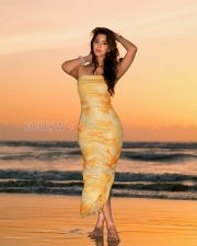 Radiant Actress Eshanya Maheshwari in a Yellow Tie dye Strapless Maxi Dress Photos 06