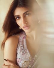 Sensual Actress Sreeleela in a Lavender Pre Draped Saree with a Sleeveless Halter Neck Blouse Pictures 03