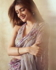 Sensual Actress Sreeleela in a Lavender Pre Draped Saree with a Sleeveless Halter Neck Blouse Pictures 05