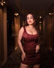 Sensual Neha Malik Cleavage in a maroon mini dress Photos 06