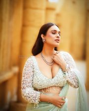 Sensuous Neha Malik Cleavage in a Mint Green Embroidered Saree Photos 01