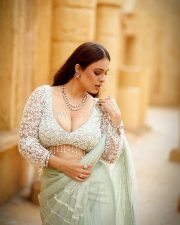 Sensuous Neha Malik Cleavage in a Mint Green Embroidered Saree Photos 03
