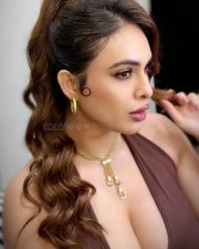 Sexy Indian Model Neha Malik in a Chocolate Brown Halter Neck Maxi Dress Pictures 07