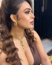Sexy Indian Model Neha Malik in a Chocolate Brown Halter Neck Maxi Dress Pictures 08