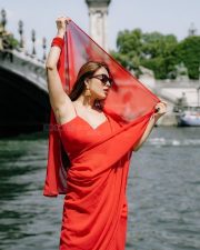 Sexy Neha Malik in a Red Saree with Matching Spaghetti Strap Sleeveless Blouse Pictures 02