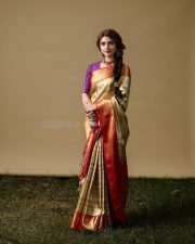 Ustaad Bhagat Singh Heroine Sreeleela in a Gold and Red Silk Saree with a Contrasting Purple Blouse Photos 02