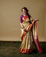 Ustaad Bhagat Singh Heroine Sreeleela in a Gold and Red Silk Saree with a Contrasting Purple Blouse Photos 03