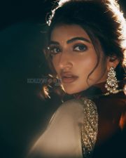 Vibrant Actress Sreeleela in a cream and brown saree Photos 02