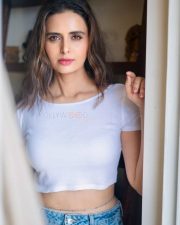 Alluring Meenakshi Dixit in a White Crop Top and Blue Denim Jeans Pictures 04