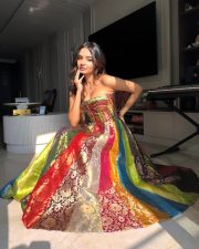 Attractive Actress Anushka Sen in a Strapless Multi Colored Banarasi Brocade Gown with a Fitted Corset Bodice Pictures 02 Attractive Actress Anushka Sen in a Strapless Multi Colored Banarasi Brocade Gown with a Fitted Corset Bodice Pictures 02