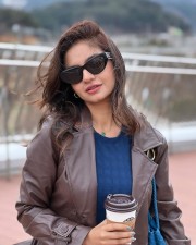 Beautiful Anushka Sen in a Blue Bodycon Dress with a Brown Leather Jacket Photos 04