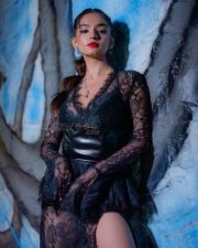 Bold and Beautiful Anushka Sen in a Black Midnight Floral Lace Maxi Dress with Deep Cleavage and Daring Thigh Slit Pictures 02