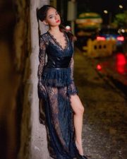 Bold and Beautiful Anushka Sen in a Black Midnight Floral Lace Maxi Dress with Deep Cleavage and Daring Thigh Slit Pictures 04