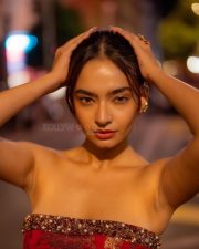 Cute Beauty Babe Anushka Sen in a Red Off Shoulder Bodycon Mini Dress Pictures 02
