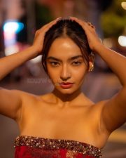 Cute Beauty Babe Anushka Sen in a Red Off Shoulder Bodycon Mini Dress Pictures 02