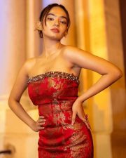 Cute Beauty Babe Anushka Sen in a Red Off Shoulder Bodycon Mini Dress Pictures 03