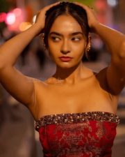 Cute Beauty Babe Anushka Sen in a Red Off Shoulder Bodycon Mini Dress Pictures 04