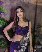 Flawless Akanksha Puri in a Dark Purple Floral Embroidered Saree with Sequined Sleeveless Blouse Photos 01