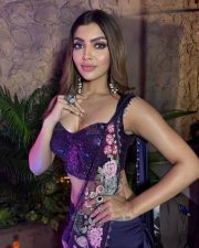 Flawless Akanksha Puri in a Dark Purple Floral Embroidered Saree with Sequined Sleeveless Blouse Photos 03