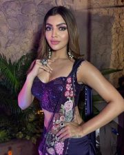 Flawless Akanksha Puri in a Dark Purple Floral Embroidered Saree with Sequined Sleeveless Blouse Photos 03 Flawless Akanksha Puri in a Dark Purple Floral Embroidered Saree with Sequined Sleeveless Blouse Photos 03