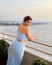 Glamorous Actress Anveshi Jain in a Powder Blue One Shoulder Butterfly Cutout Dress Photos 08