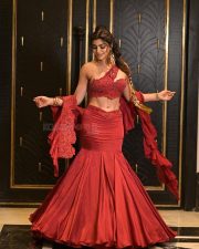 Gorgeous Akanksha Puri in a Red One Shoulder Crop Top with Mermaid Skirt and Ruffle Dupatta Photos 01