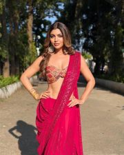 Hot Akanksha Puri in a Red Sequin Saree with a Strapless Bustier Blouse Pictures 01